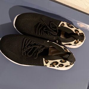Black Knit Slip-On Sneakers with Leopard Accent